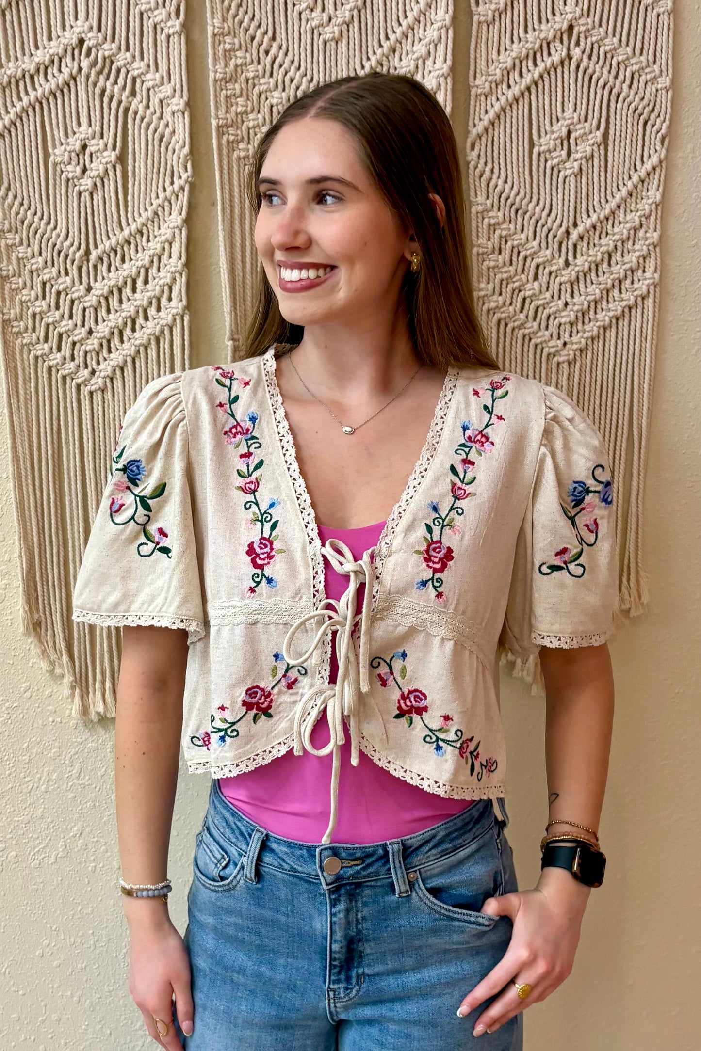 Laura Tie Front Embroidered Top