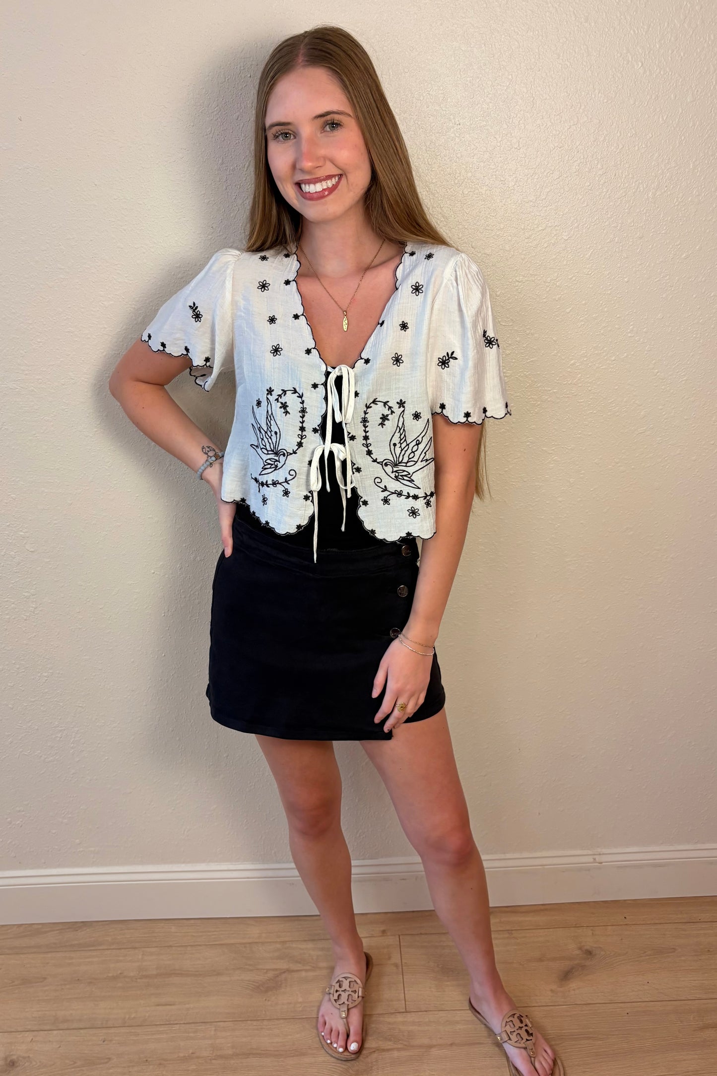 Magnolia Bird Embroidered Tie Front Top