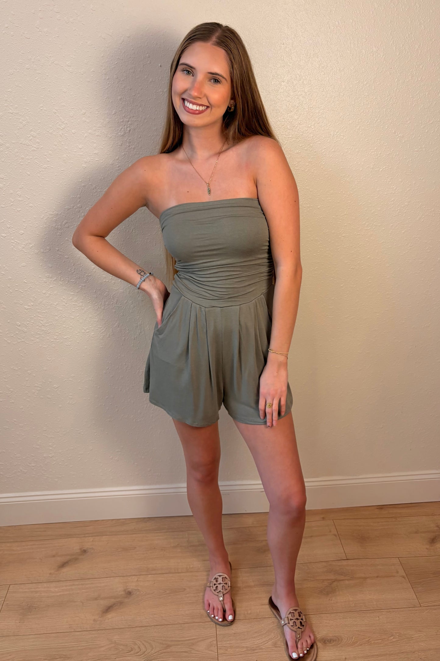 Georgia Sage Green Strapless Romper