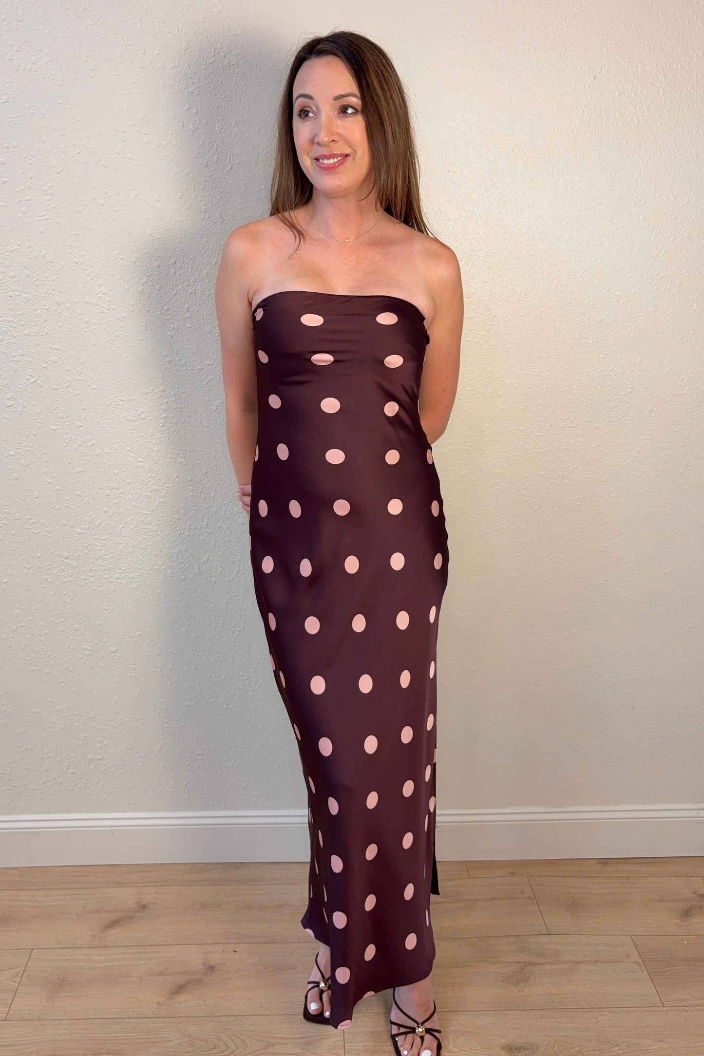 Angela Polka Dot Strapless Satin Maxi Dress
