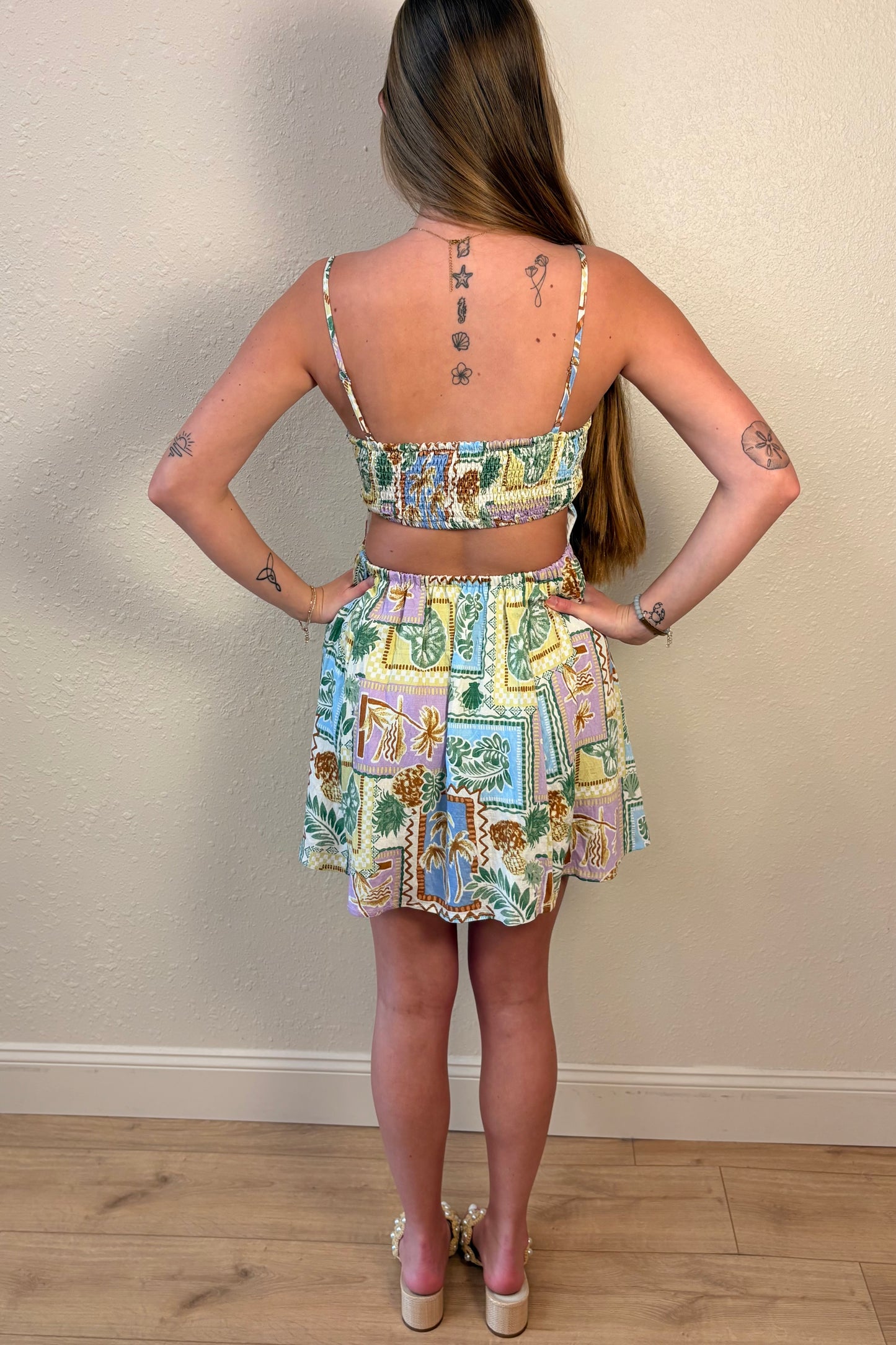 Rio Tropical Print Open Back Mini Dress