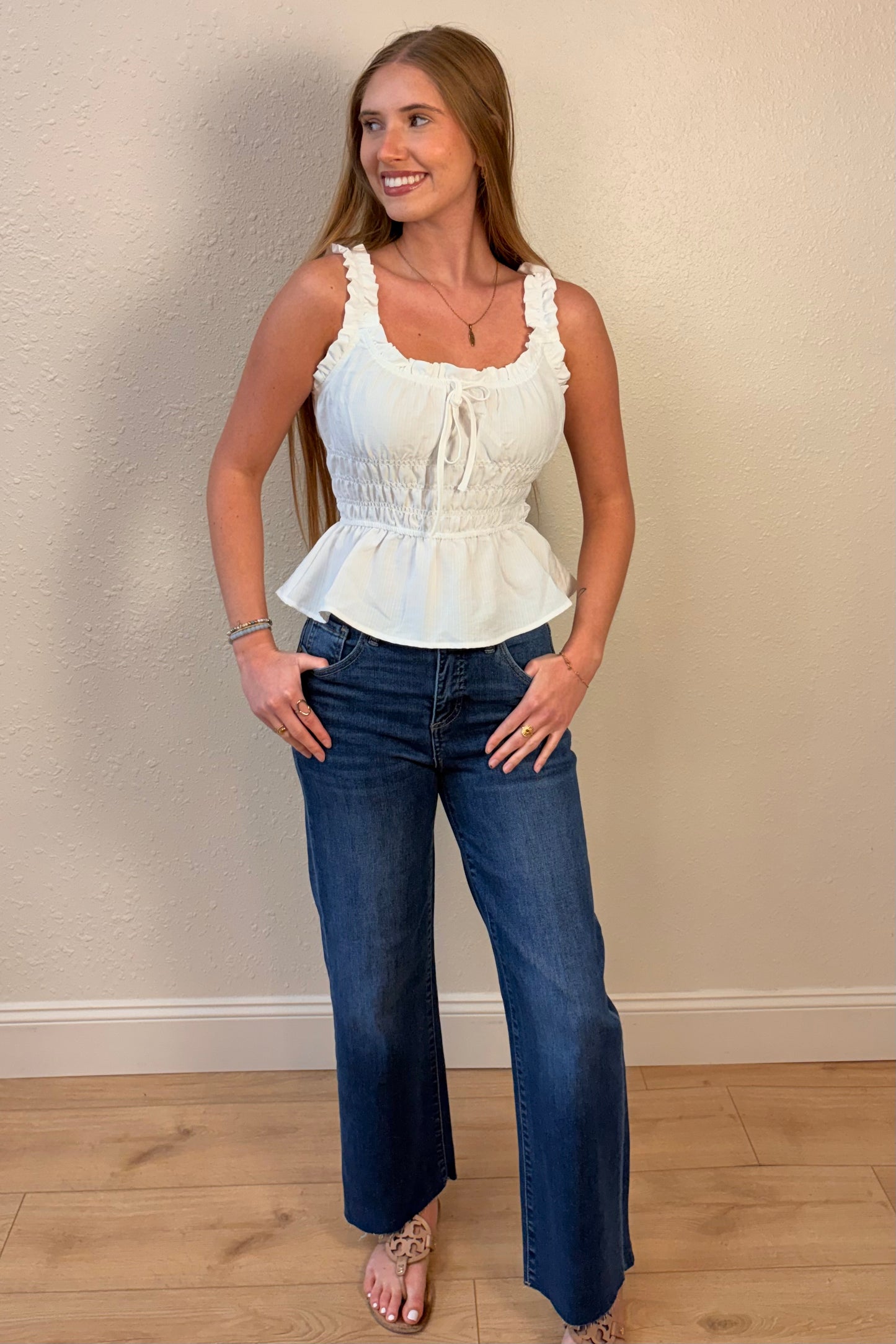 Ella White Ruffle Peplum Tank Top