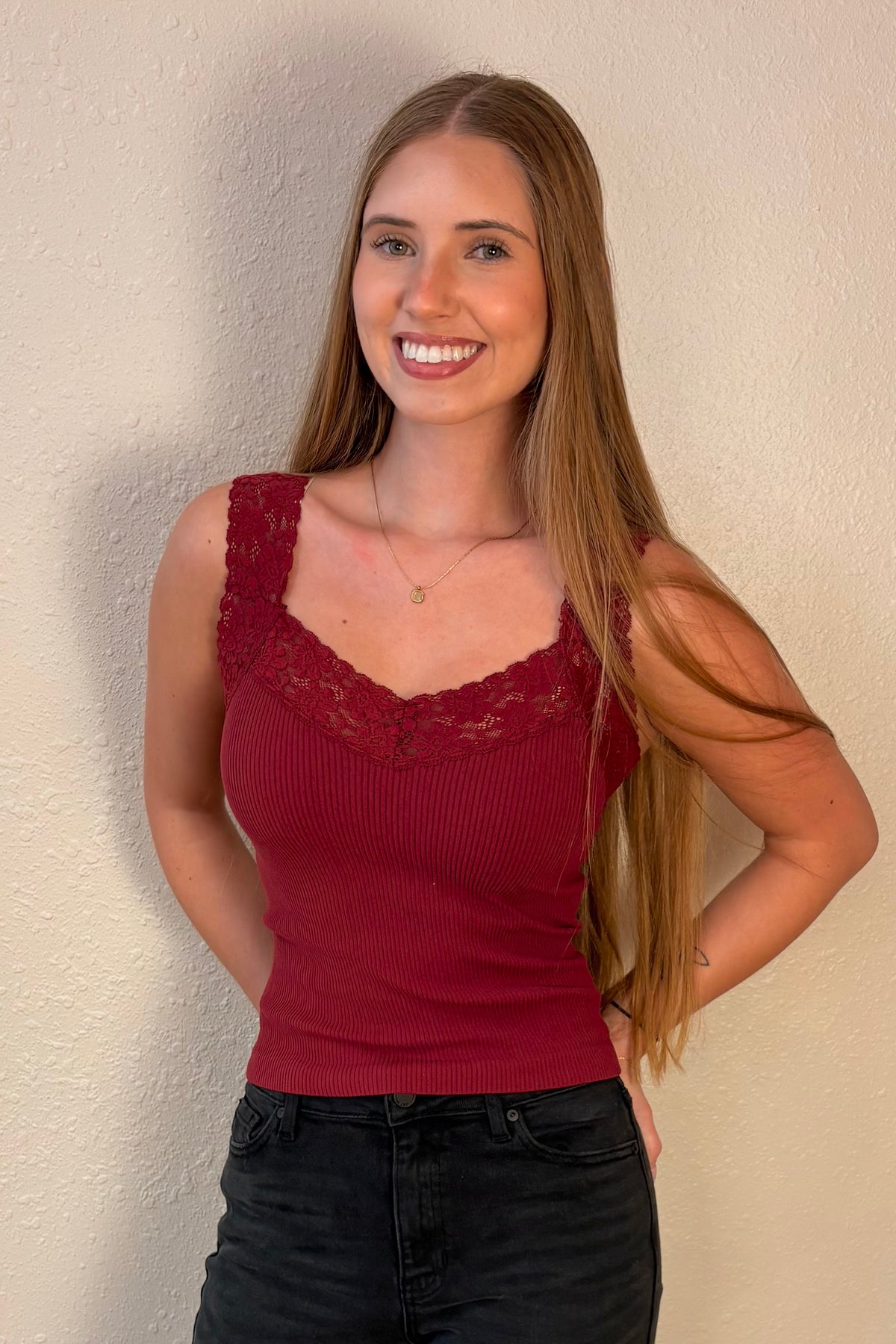 Eliza Burgundy Lace Trim Ribbed Tank Top