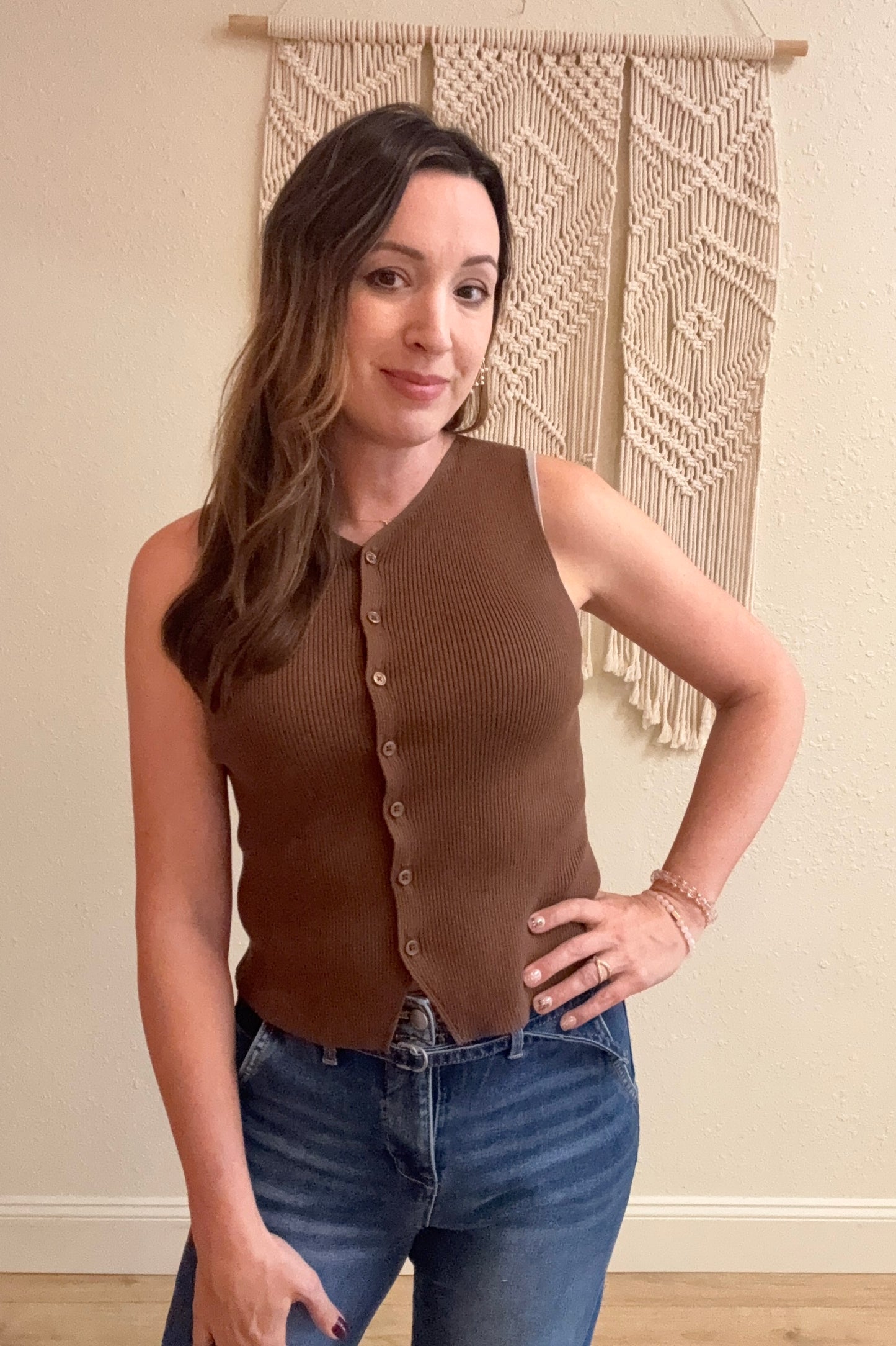 Josie Button Front Knit Sweater Vest Mocha