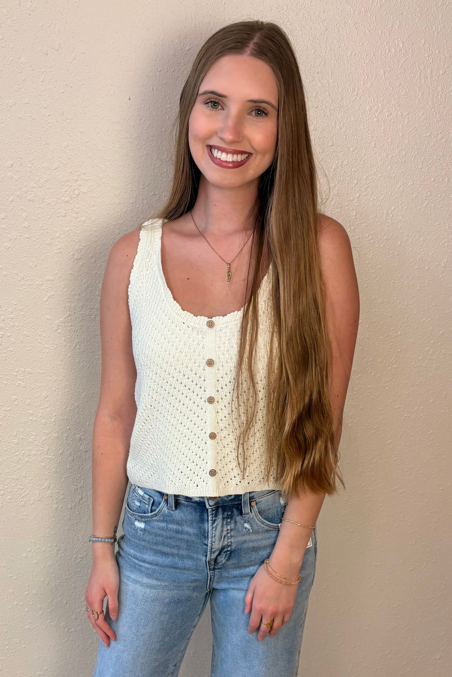 Sarah Scallop Edge Button Front Tank Top