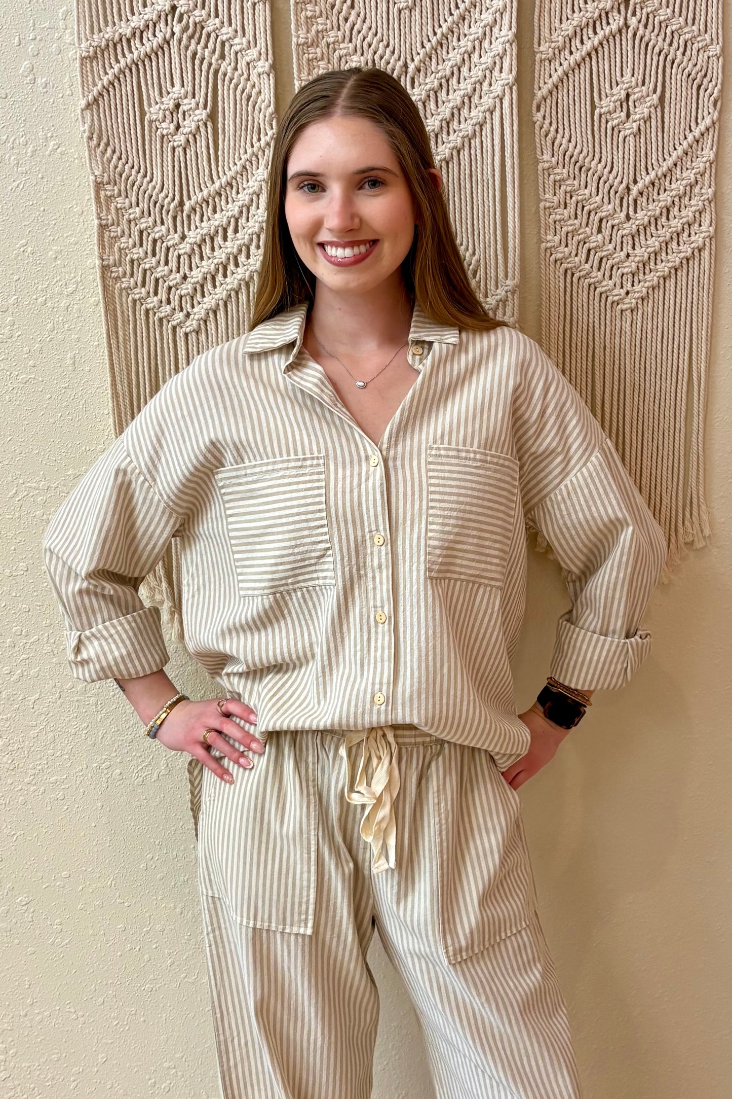 Cora Taupe & White Stripe Woven Shirt