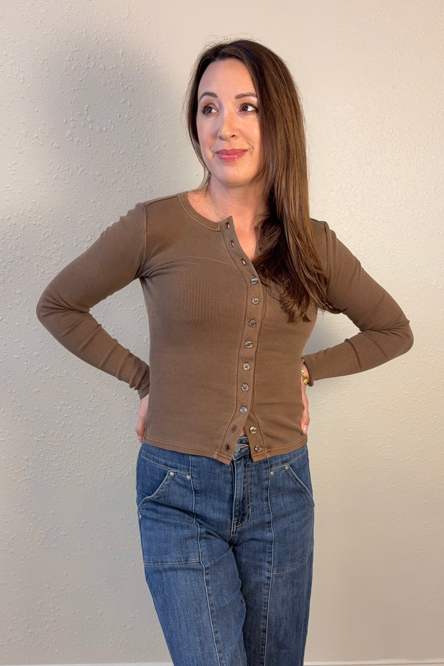 Taryn Mocha Ribbed Long Sleeve Cardigan Top