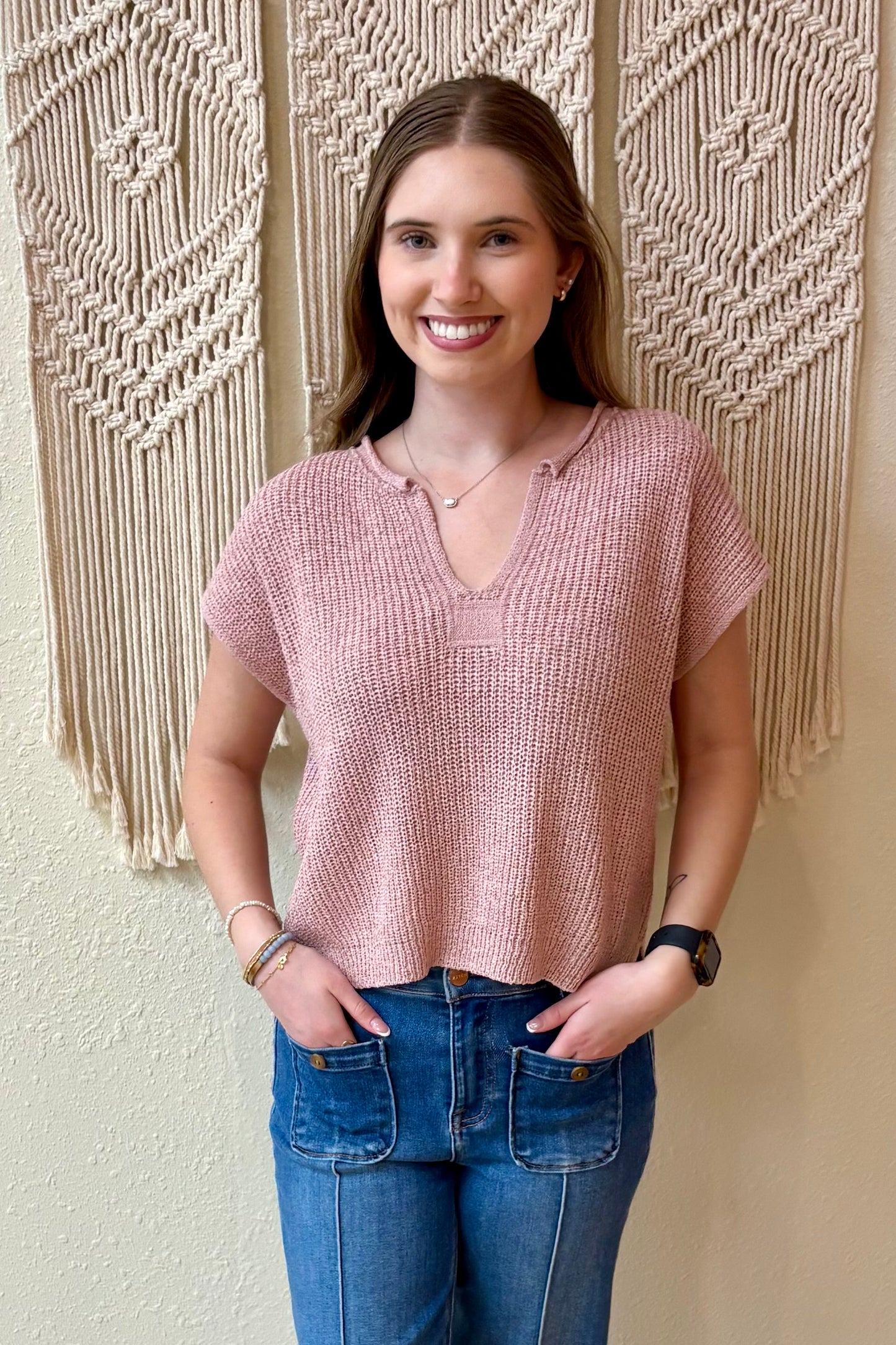 Danielle Mauve Split Neck Knit Top