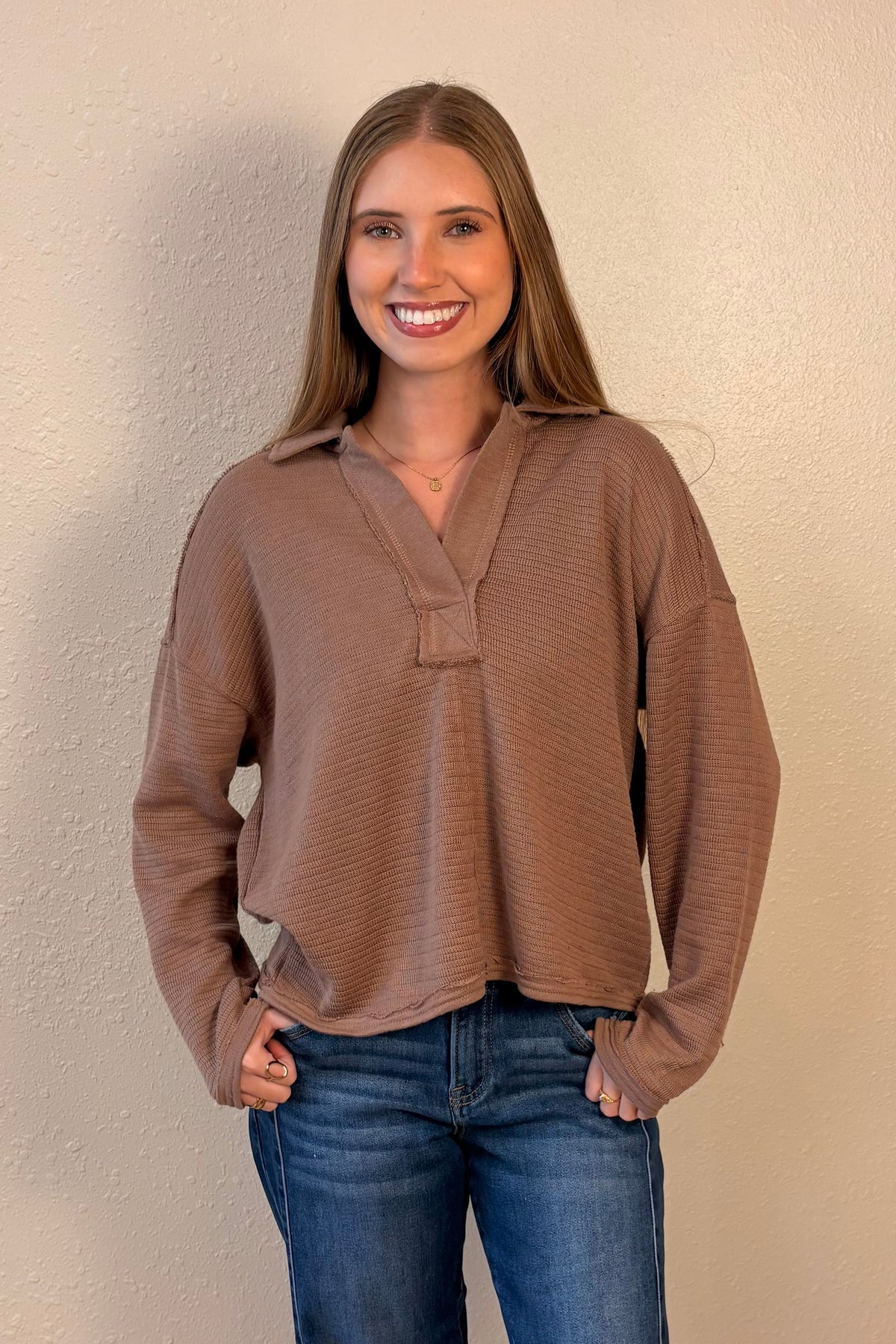 Luna Mocha Split Neck Collared Knit Top