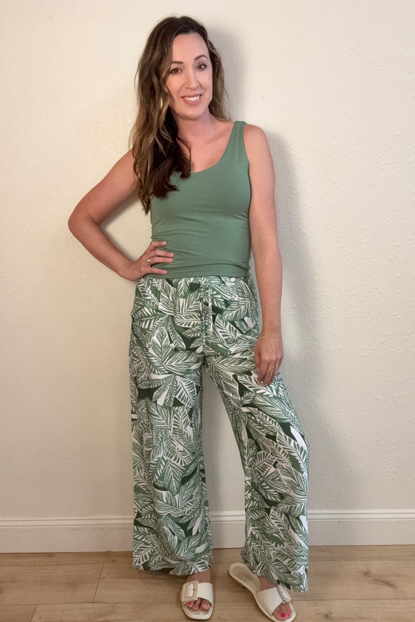 Leah Tropical Leaf Print Wide Leg Pants