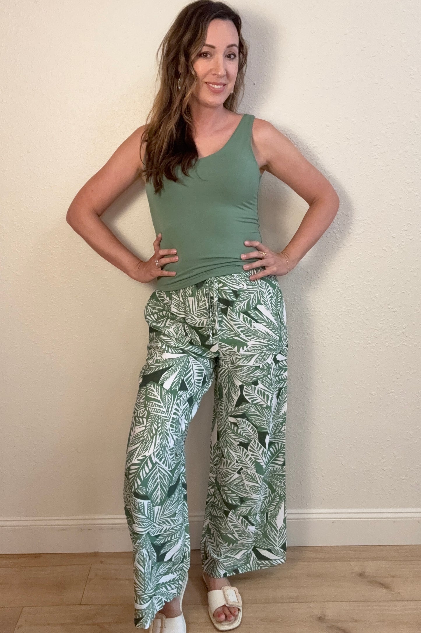 Leah Tropical Leaf Print Wide Leg Pants