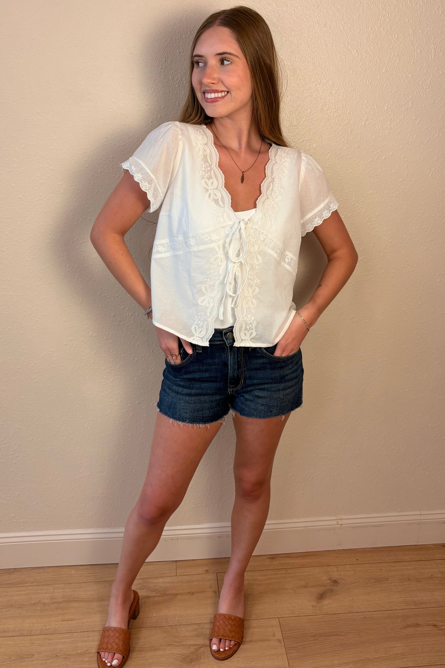 Alessandra Lace Embroidered Tie Front Top