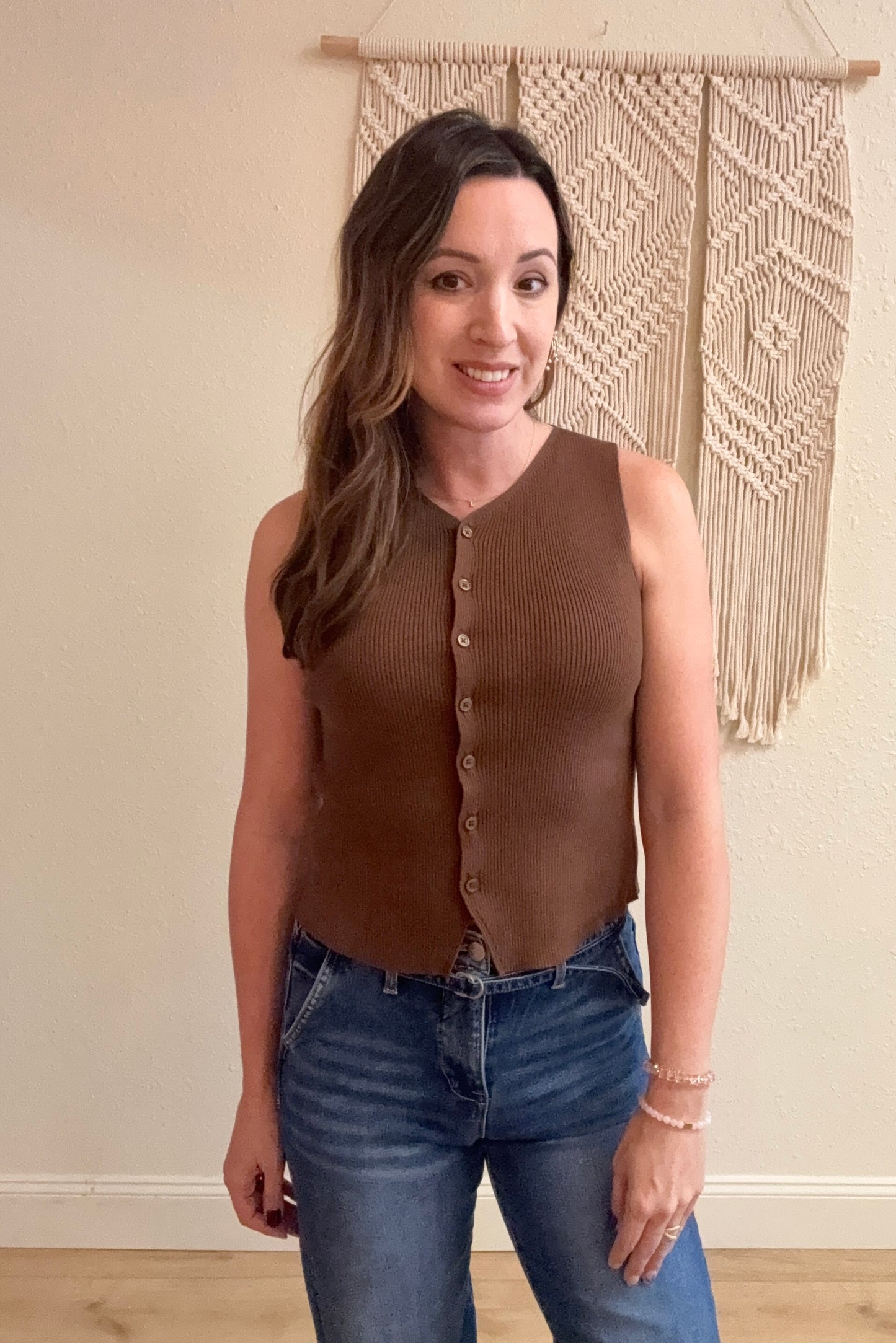 Josie Button Front Knit Sweater Vest Mocha