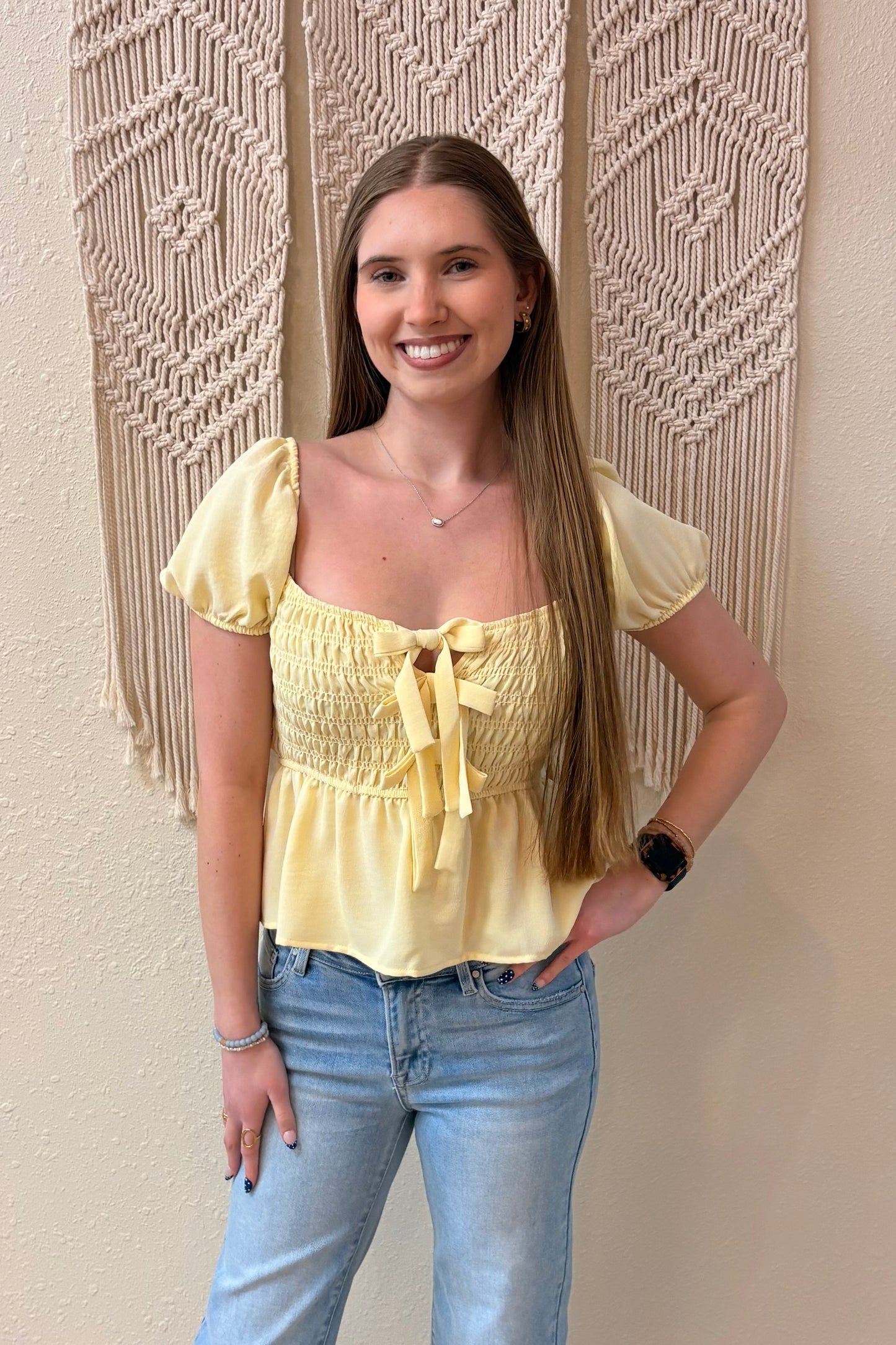 Sally Bow Front Smocked Peplum Top