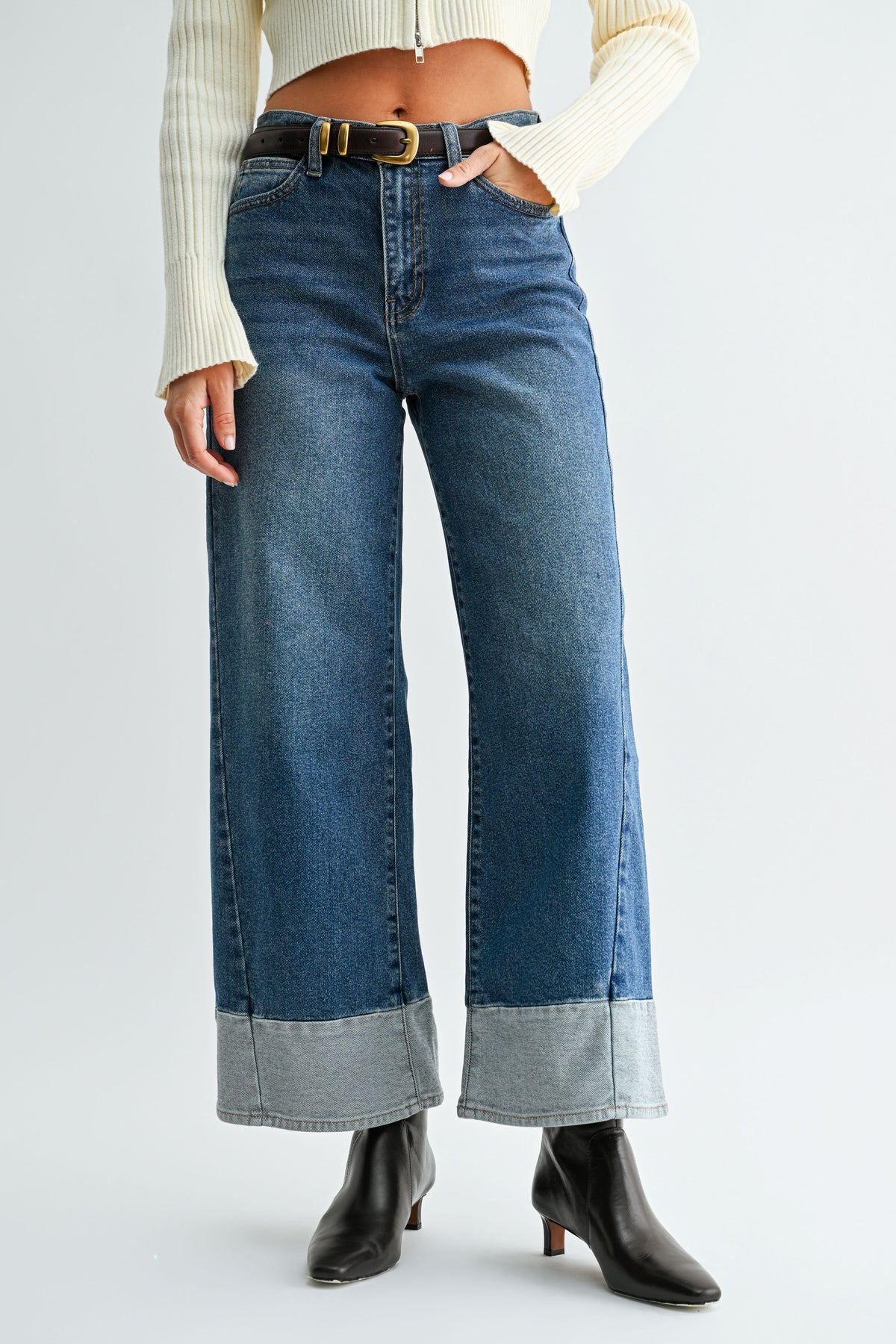 JBD Two Toned Hem Slim Wide Leg Jean