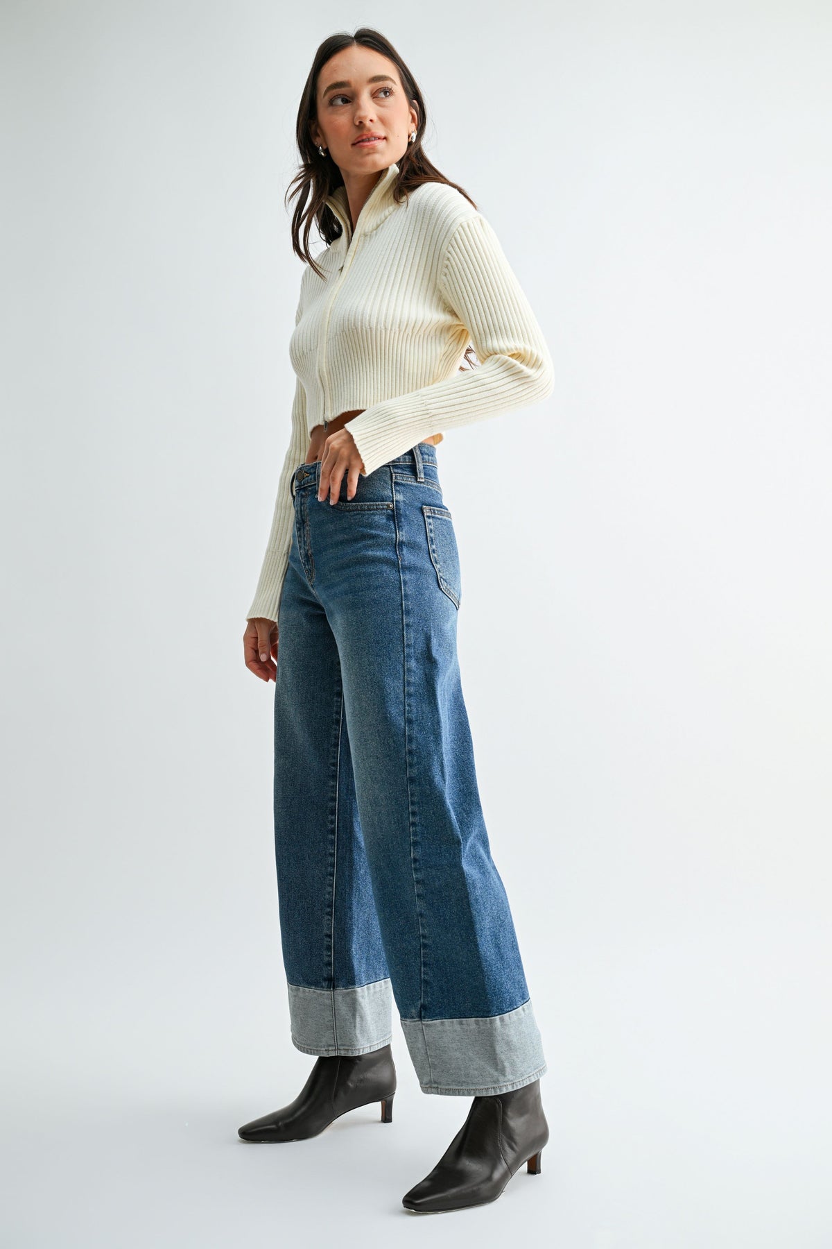JBD Two Toned Hem Slim Wide Leg Jean