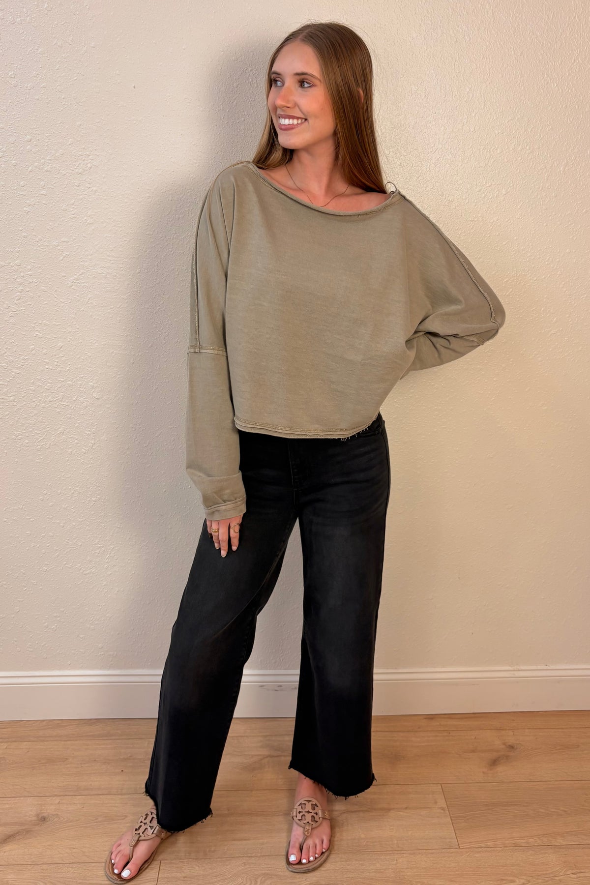 Penelope Raw Edge Hem Long Sleeve Top