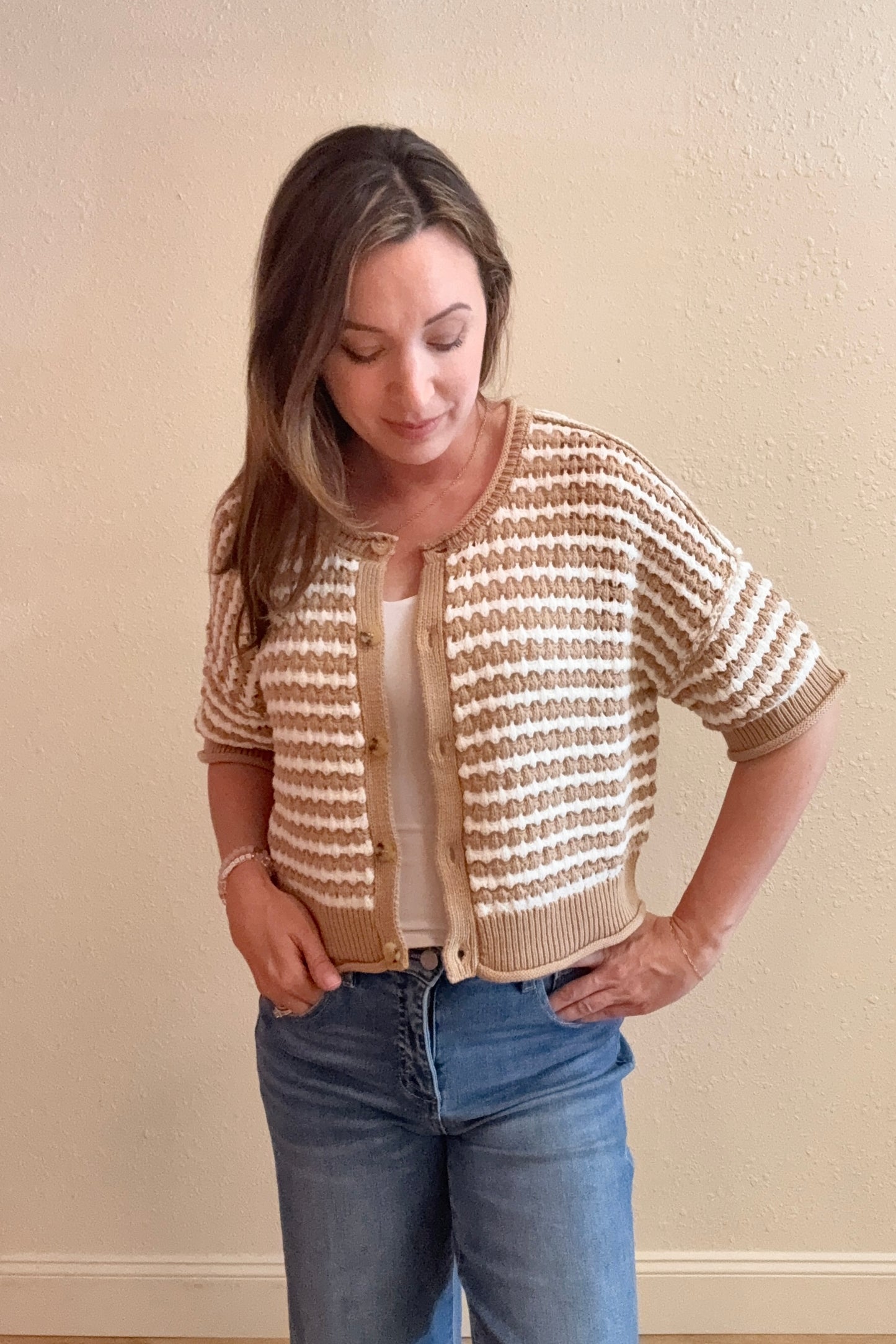 Mallory Stripe Crochet Knit Cardigan Sweater