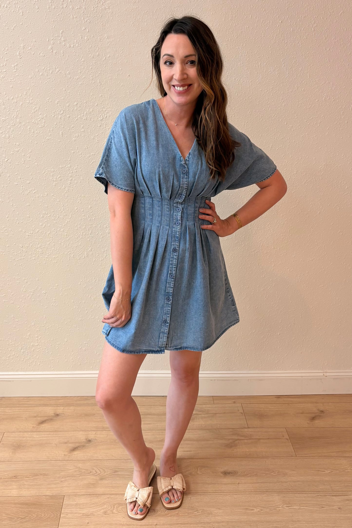 Maeve Pleated Waist Denim Dress