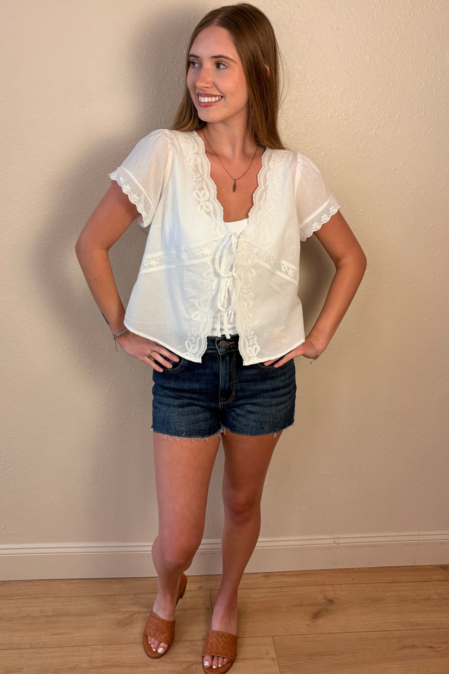 Alessandra Lace Embroidered Tie Front Top