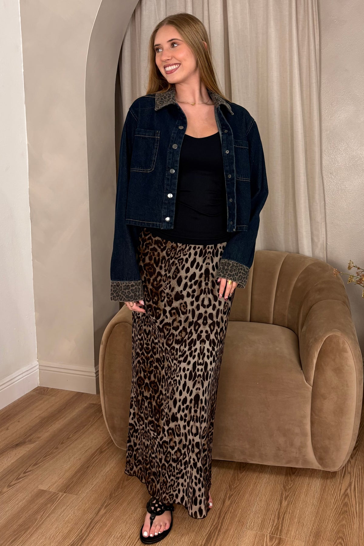Nora Leopard Trim Denim Jacket