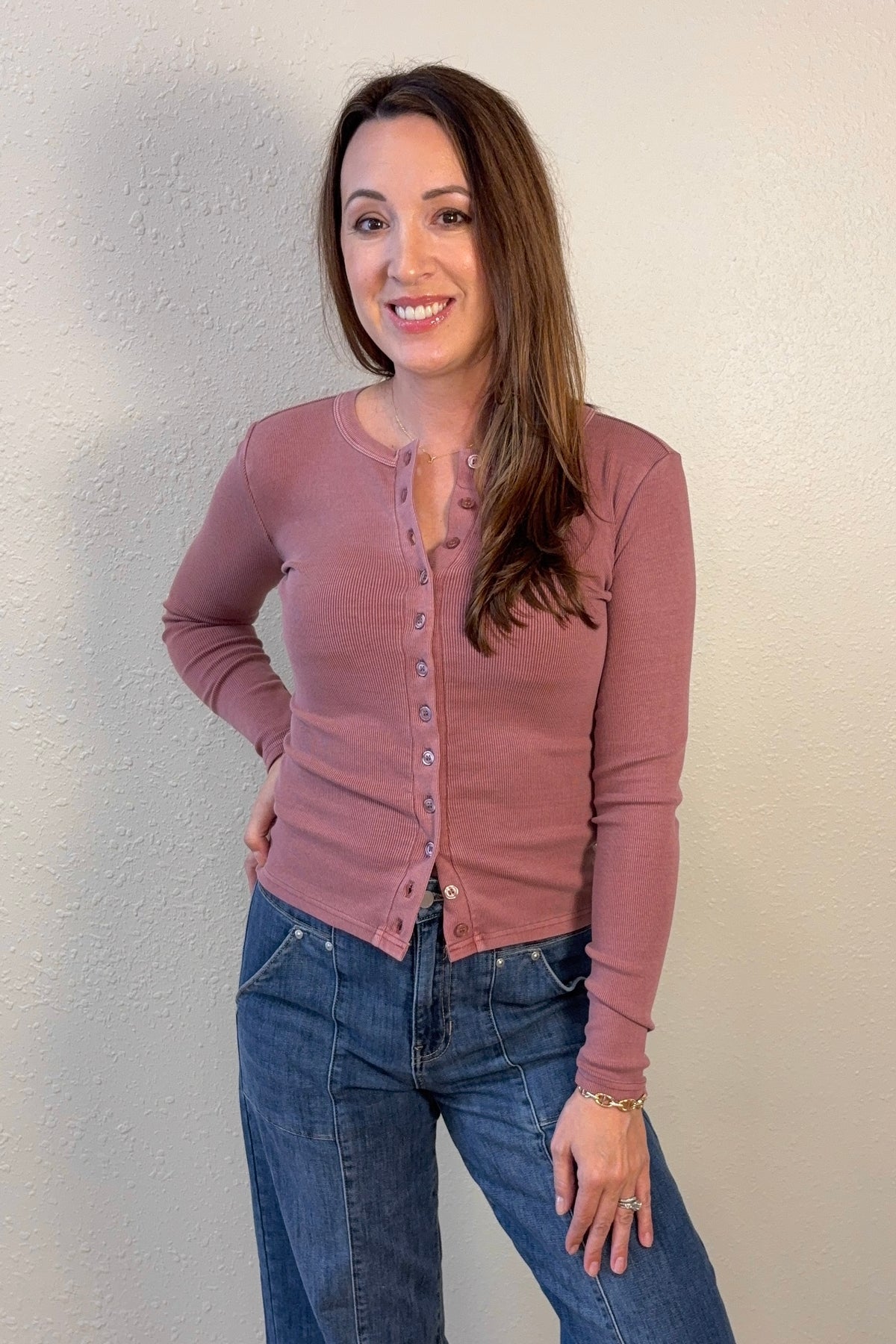 Taryn Mauve Ribbed Long Sleeve Cardigan Top