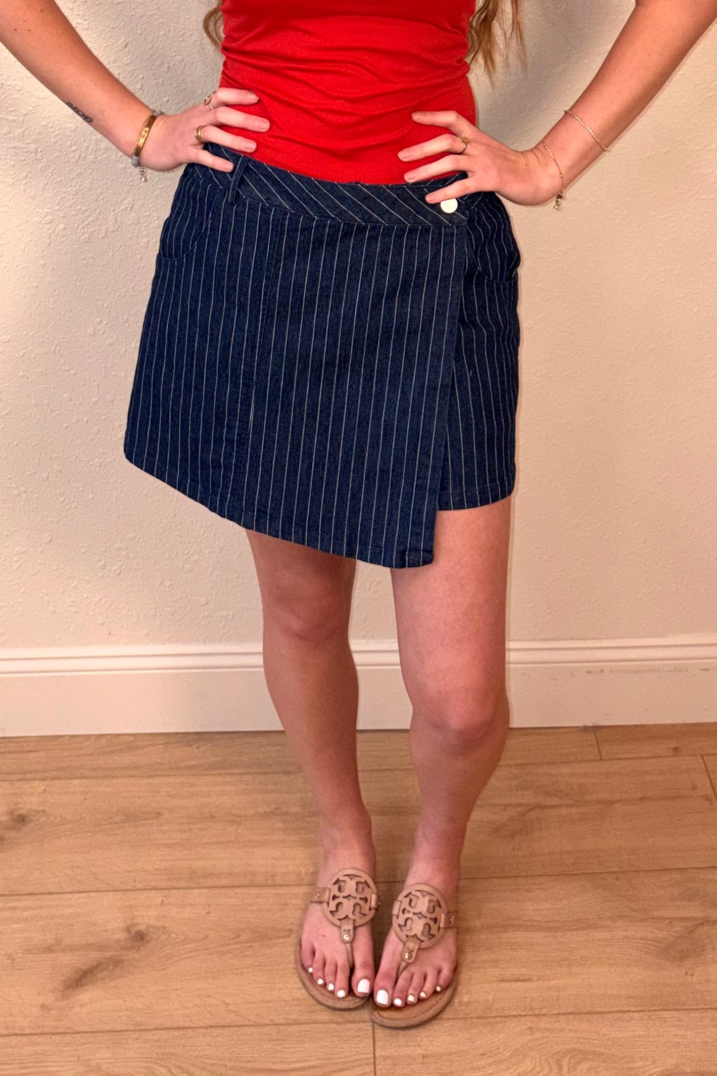 Marina Pinstripe Wrap Denim Skort