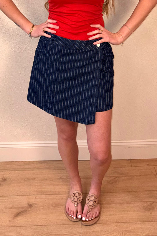 Marina Pinstripe Wrap Denim Skort