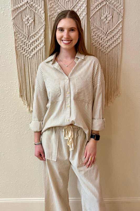 Cora Taupe & White Stripe Woven Shirt