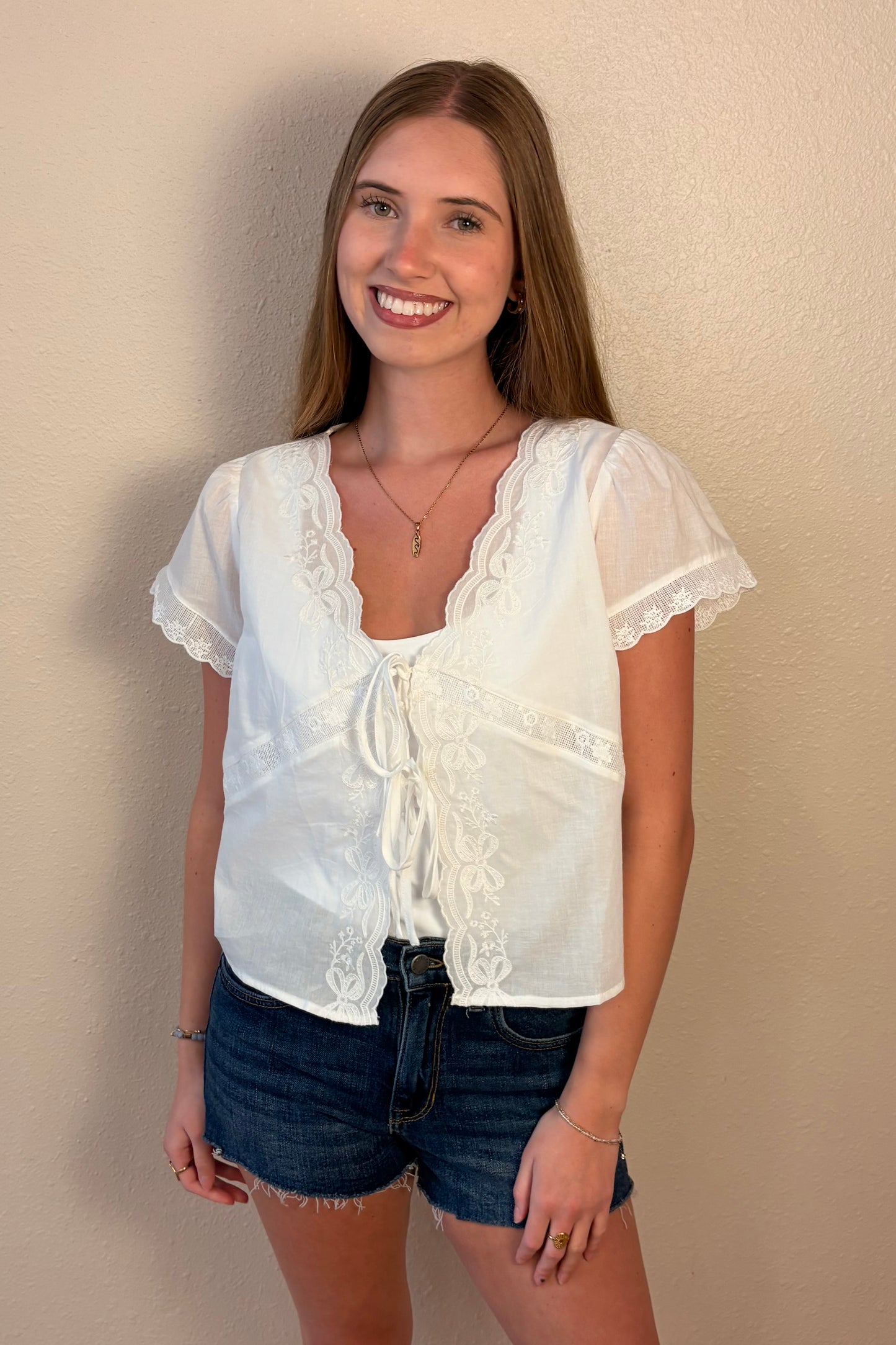 Alessandra Lace Embroidered Tie Front Top