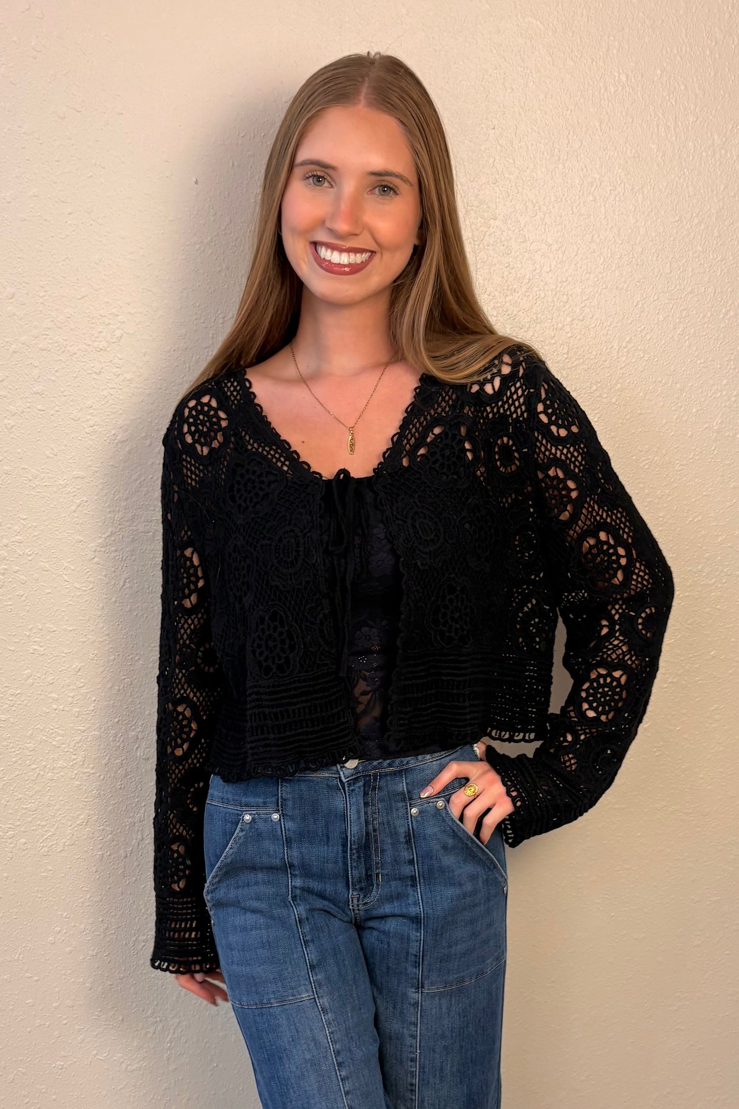 Kiya Tie Front Long Sleeve Crochet Knit Top