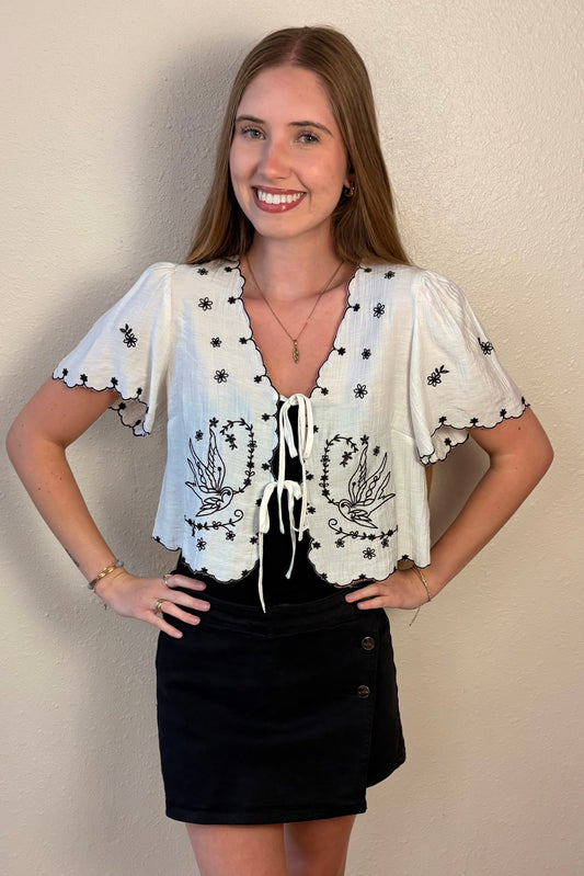 Magnolia Bird Embroidered Tie Front Top
