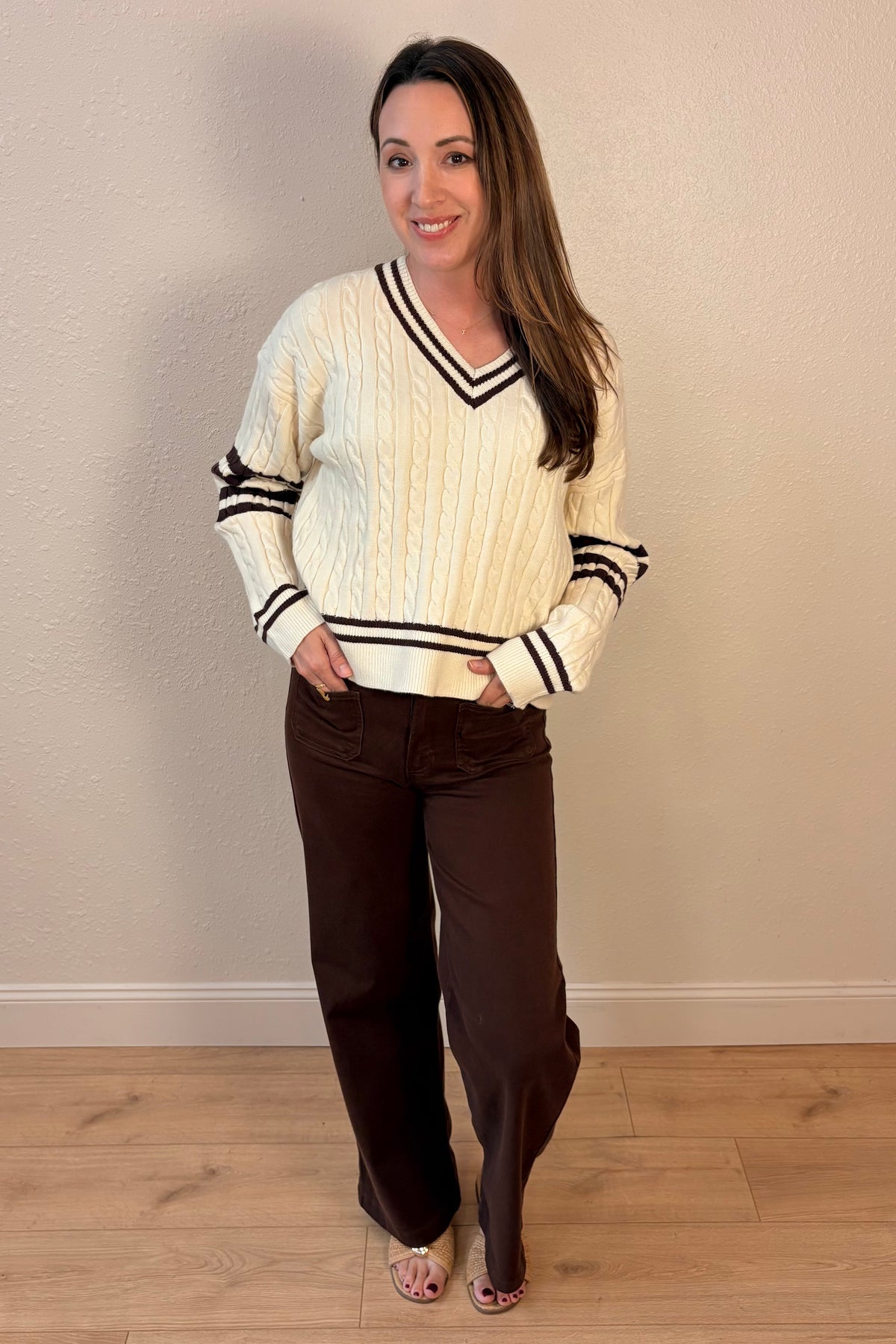 Paige Cable Knit Varsity V-Neck Sweater
