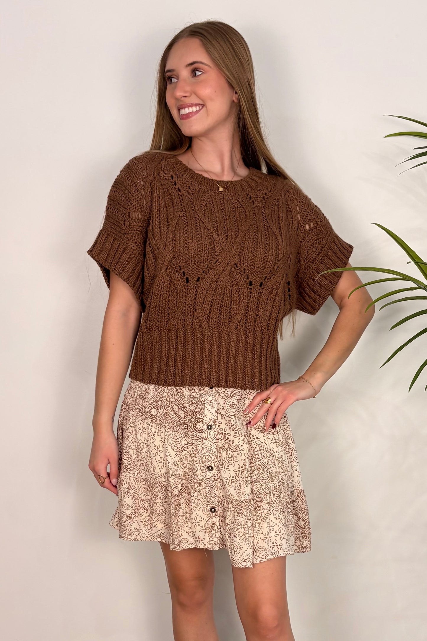Wren Brown Short Sleeve Cable Knit Sweater