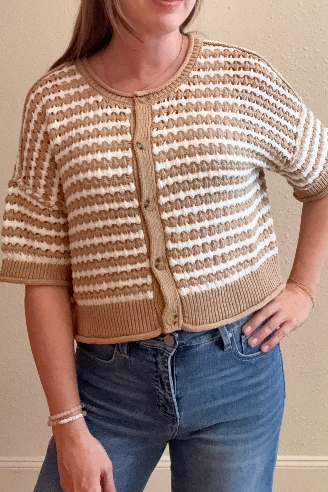 Mallory Stripe Crochet Knit Cardigan Sweater
