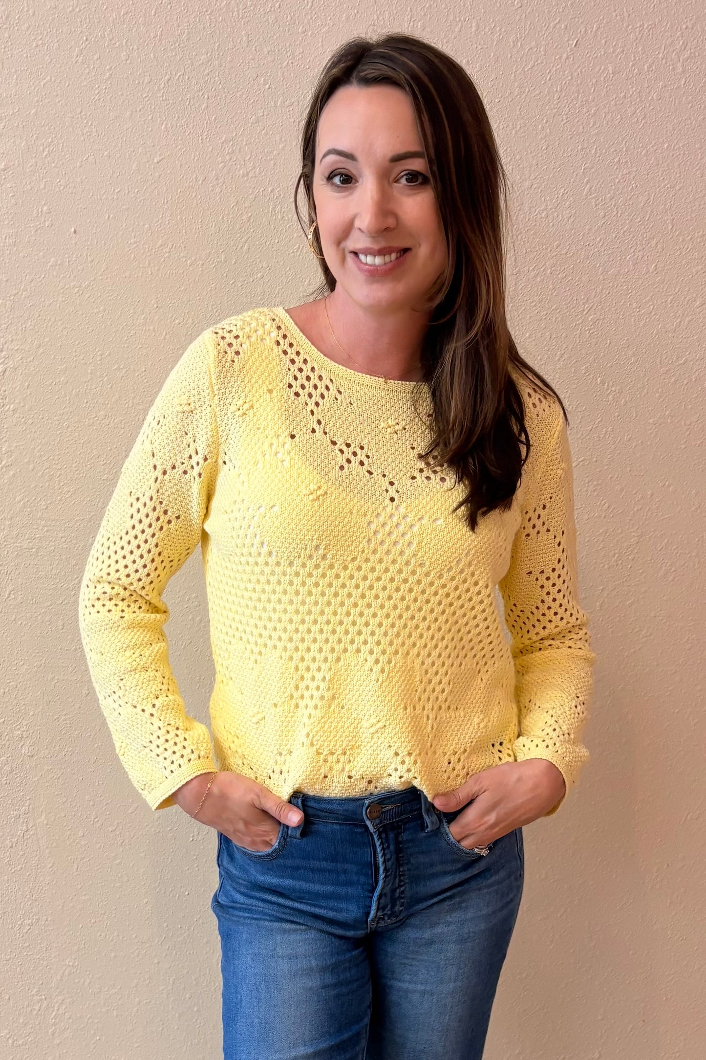 Daniella Yellow Floral Open Weave Sweater