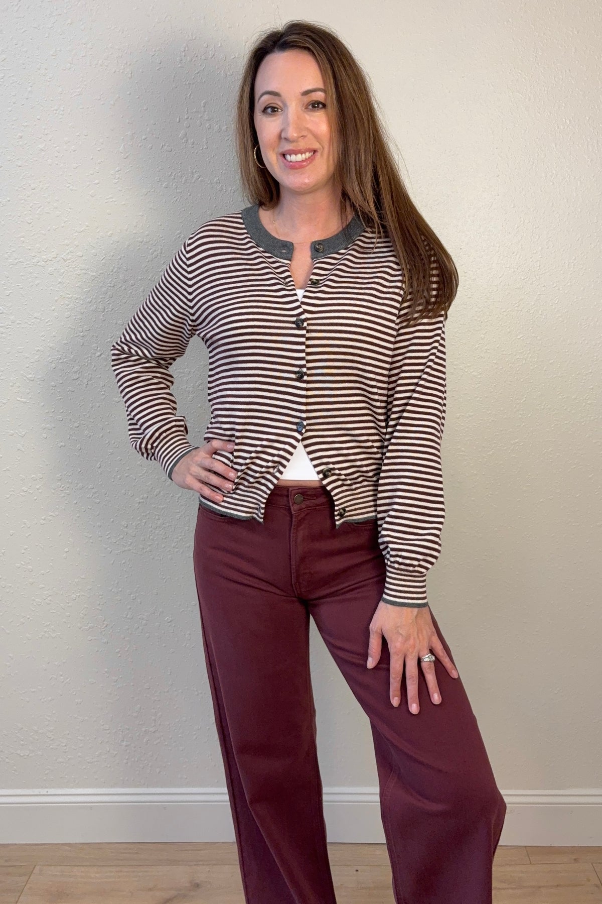 Juliette Burgundy Stripe Cardigan Sweater