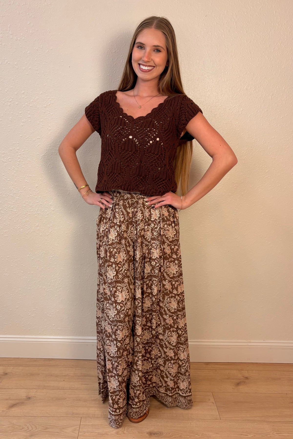 Rosalie Brown Floral Wide Leg Pants