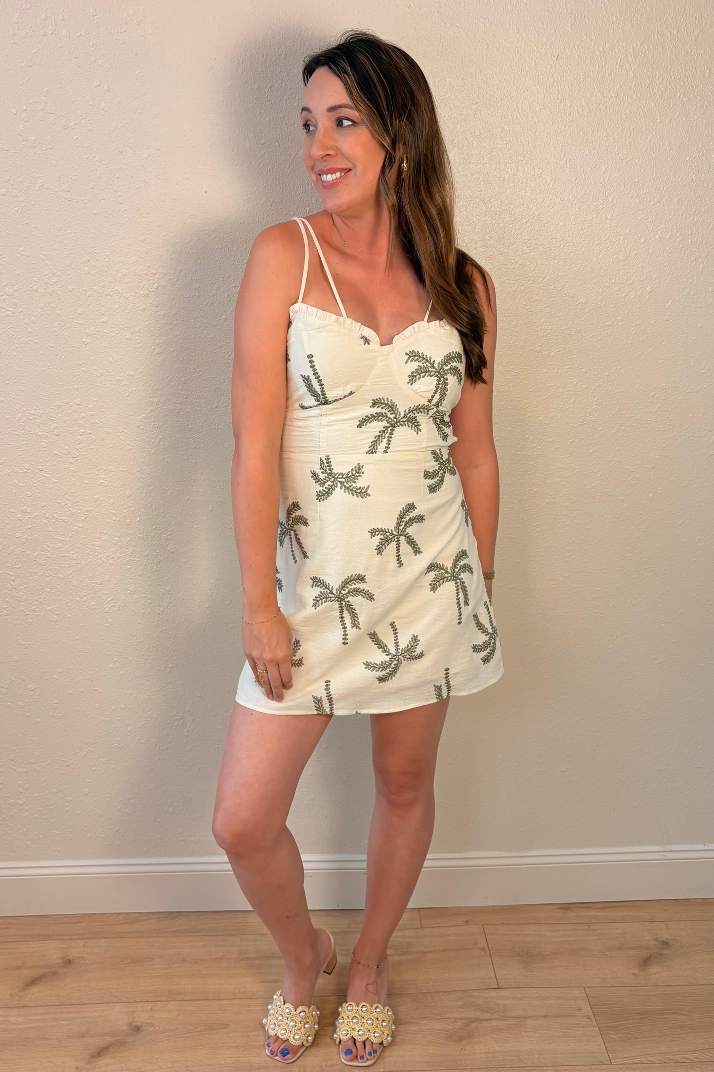 Cameron Palm Tree Embroidered Mini Dress