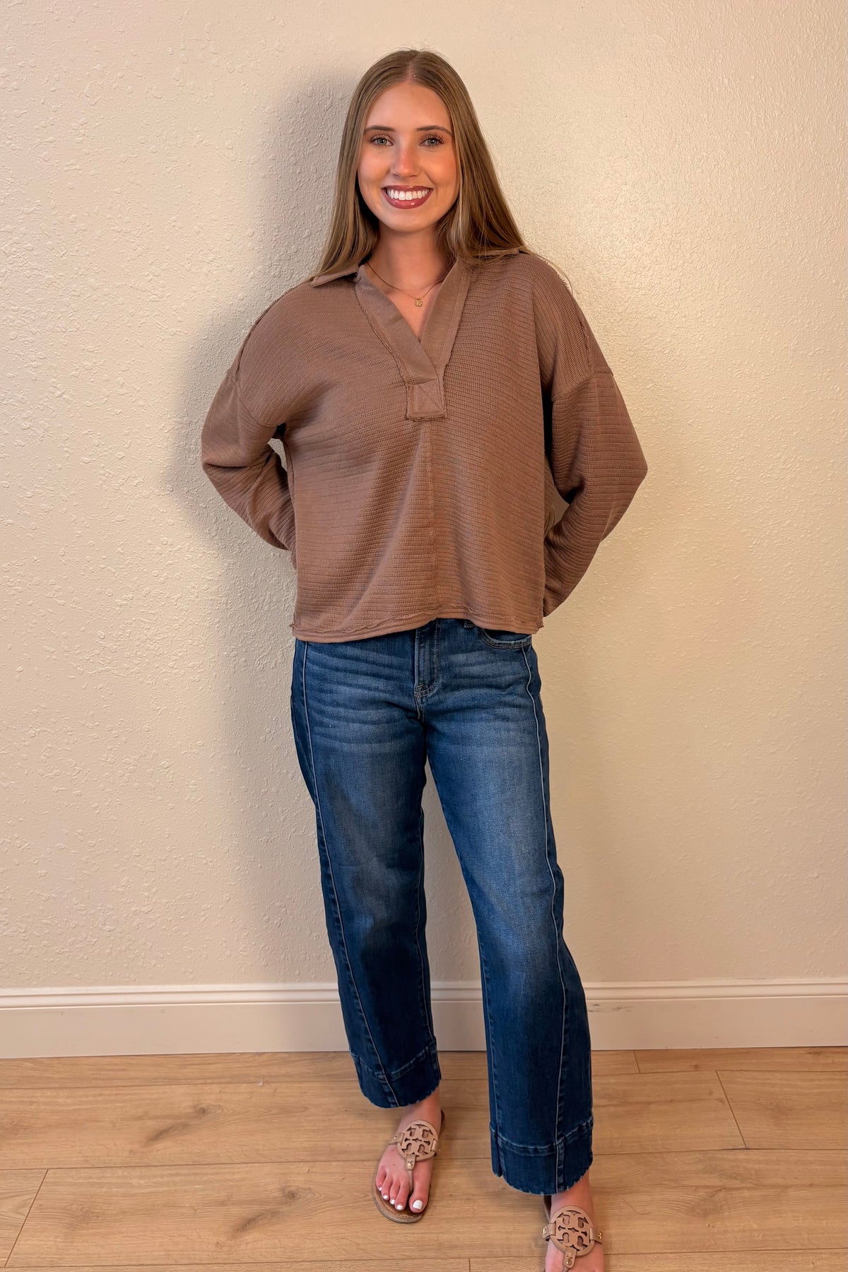 Luna Mocha Split Neck Collared Knit Top