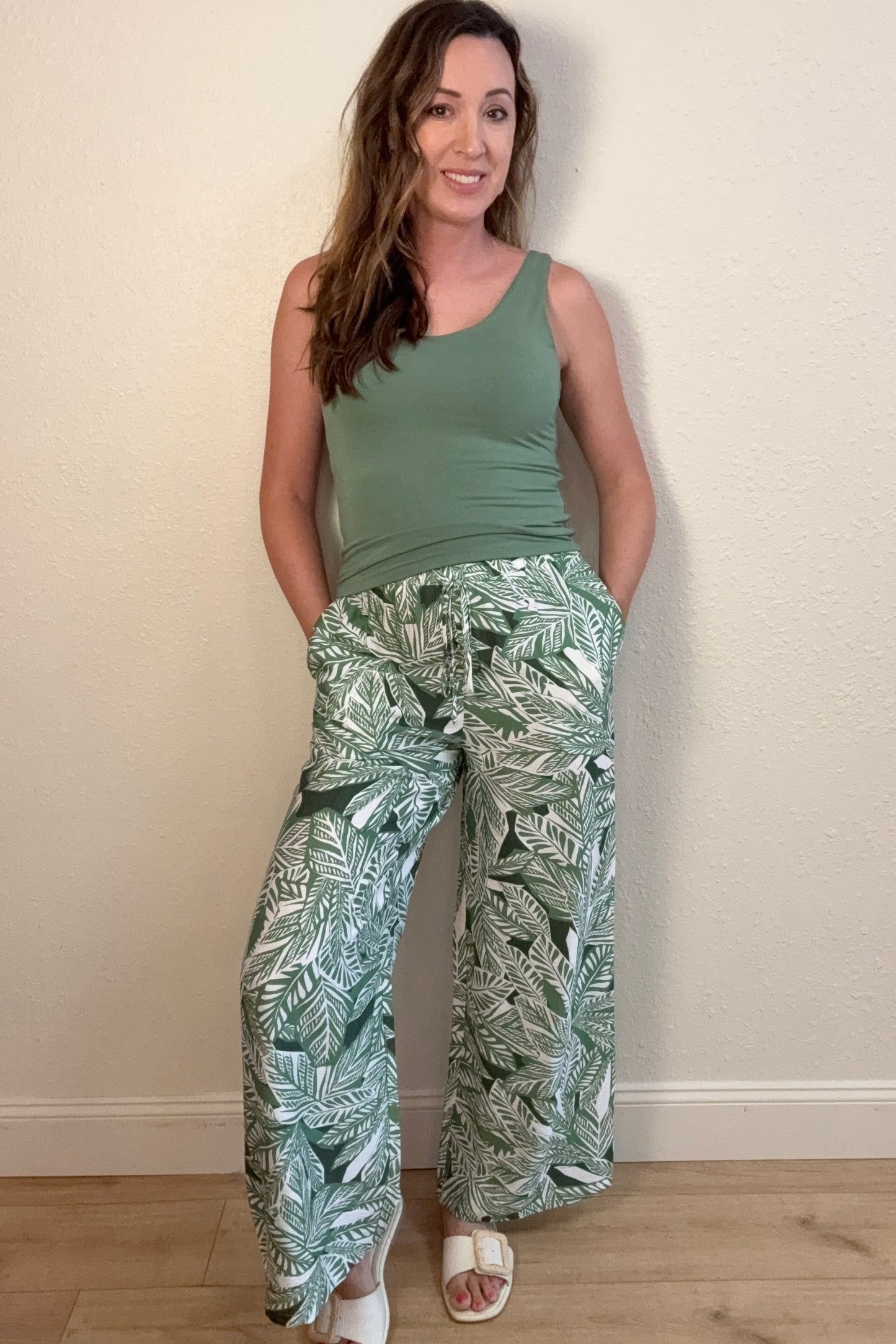 Leah Tropical Leaf Print Wide Leg Pants