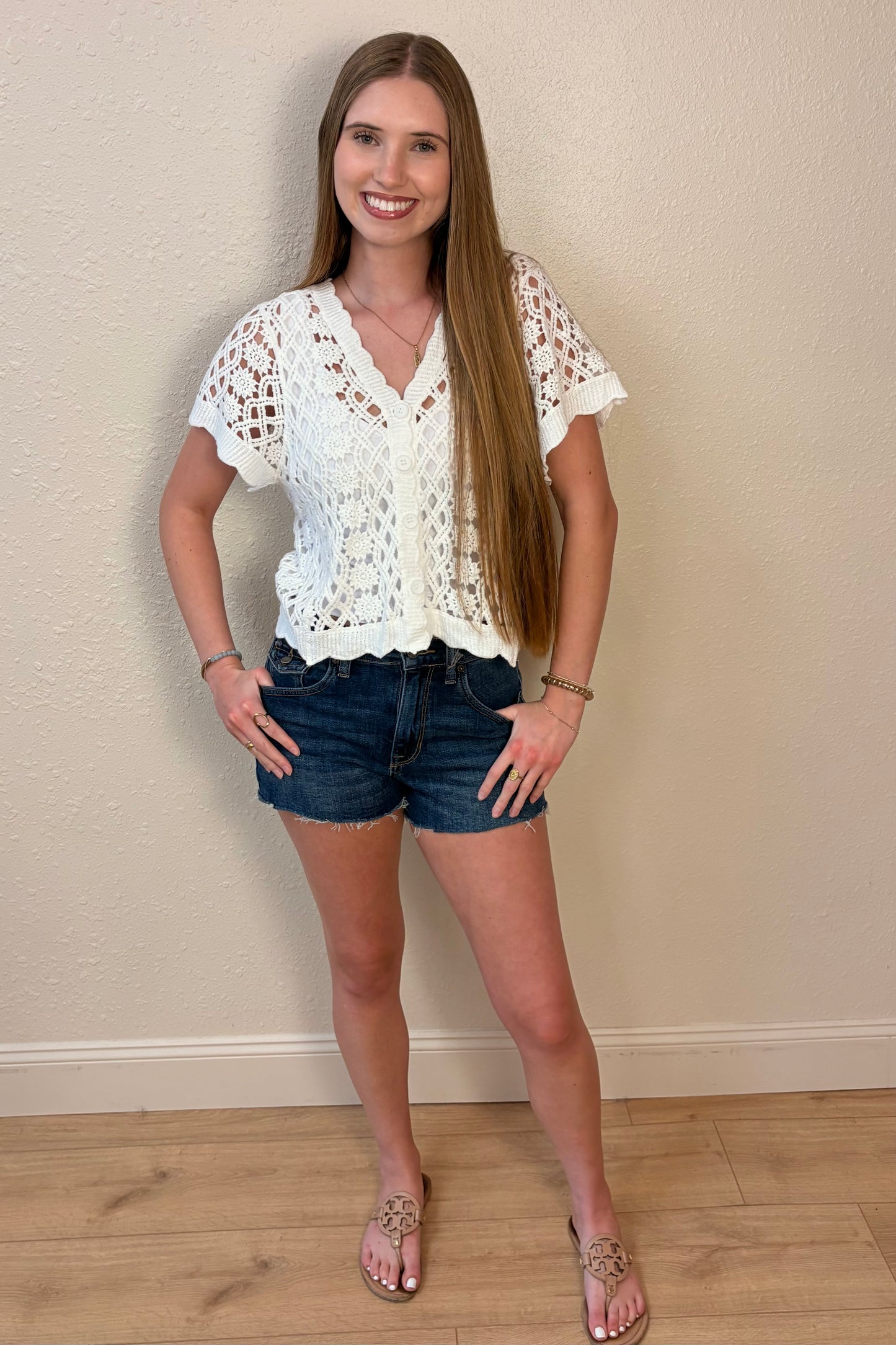 Mia Short Sleeve Crochet Cardigan Sweater