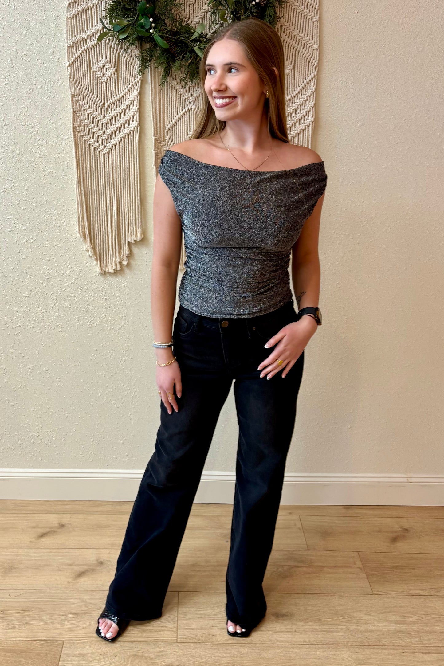 Fiona Black Draped Sparkle Top