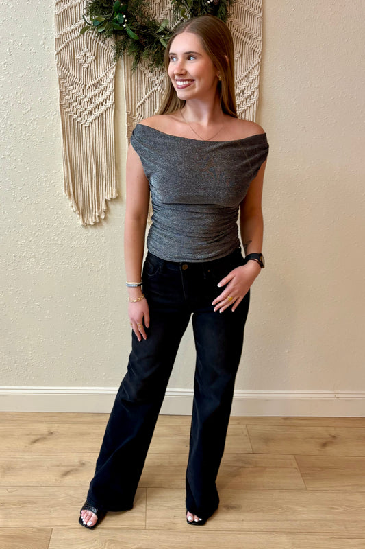 Fiona Black Draped Sparkle Top