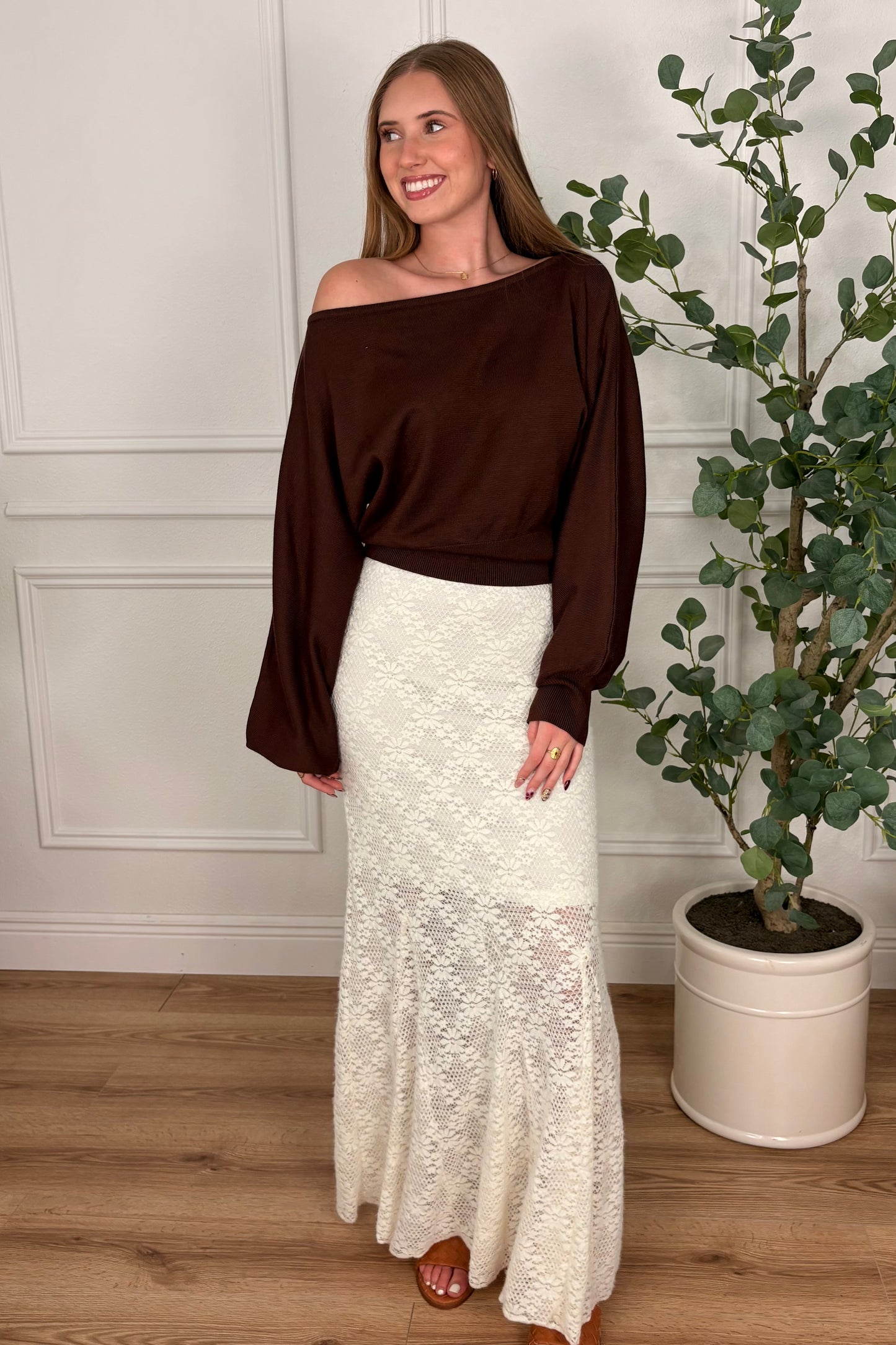 Elenore Chocolate Brown Off the Shoulder Sweater
