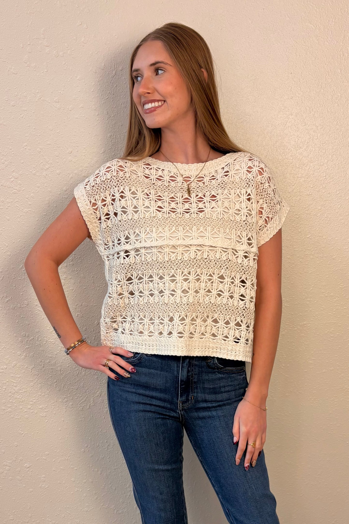 Celeste Crochet Knit Short Sleeve Top