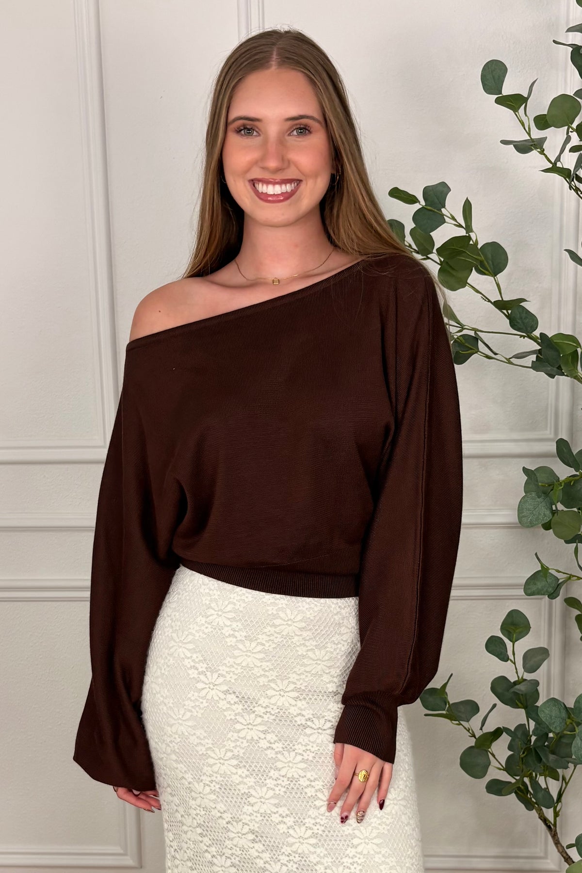 Elenore Chocolate Brown Off the Shoulder Sweater
