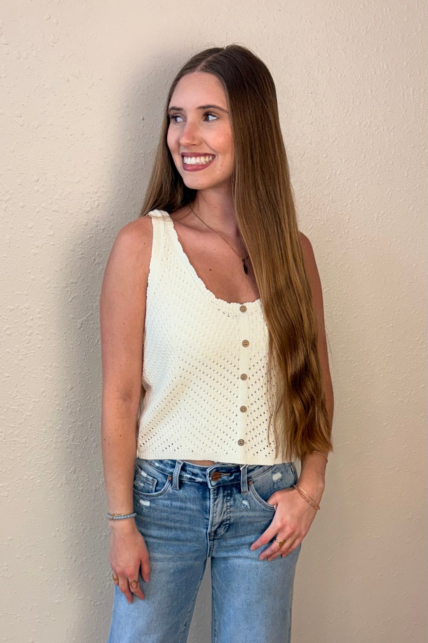 Sarah Scallop Edge Button Front Tank Top