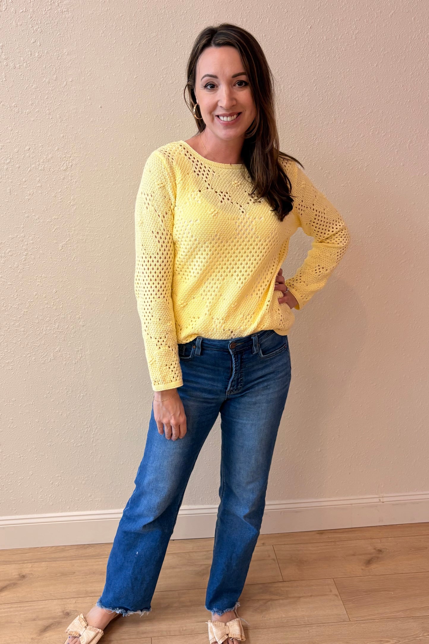 Daniella Yellow Floral Open Weave Sweater
