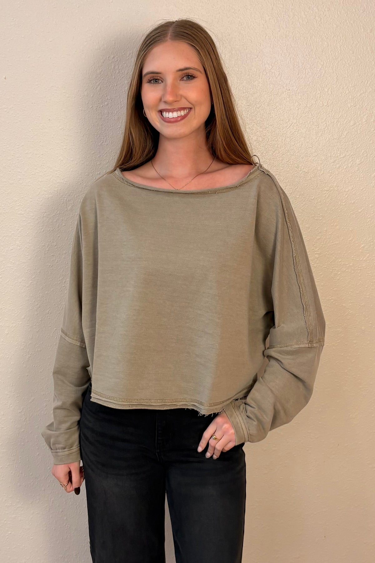 Penelope Raw Edge Hem Long Sleeve Top